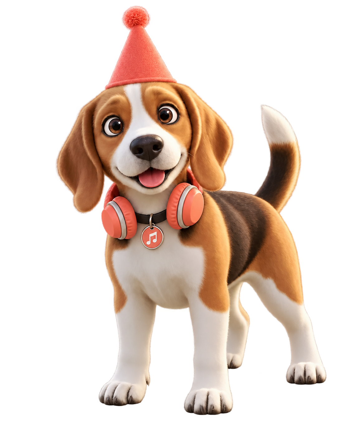 Hiepie, de beagle van HieperdeLied, met een koptelefoon en een feestmutsje
